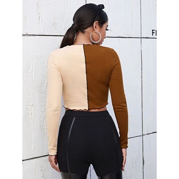 3/$15 SHEIN Two Tone Lettuce Trimmed Long Sleeve Cropped Ribbed Top Size Medium - Picture 11 of 15